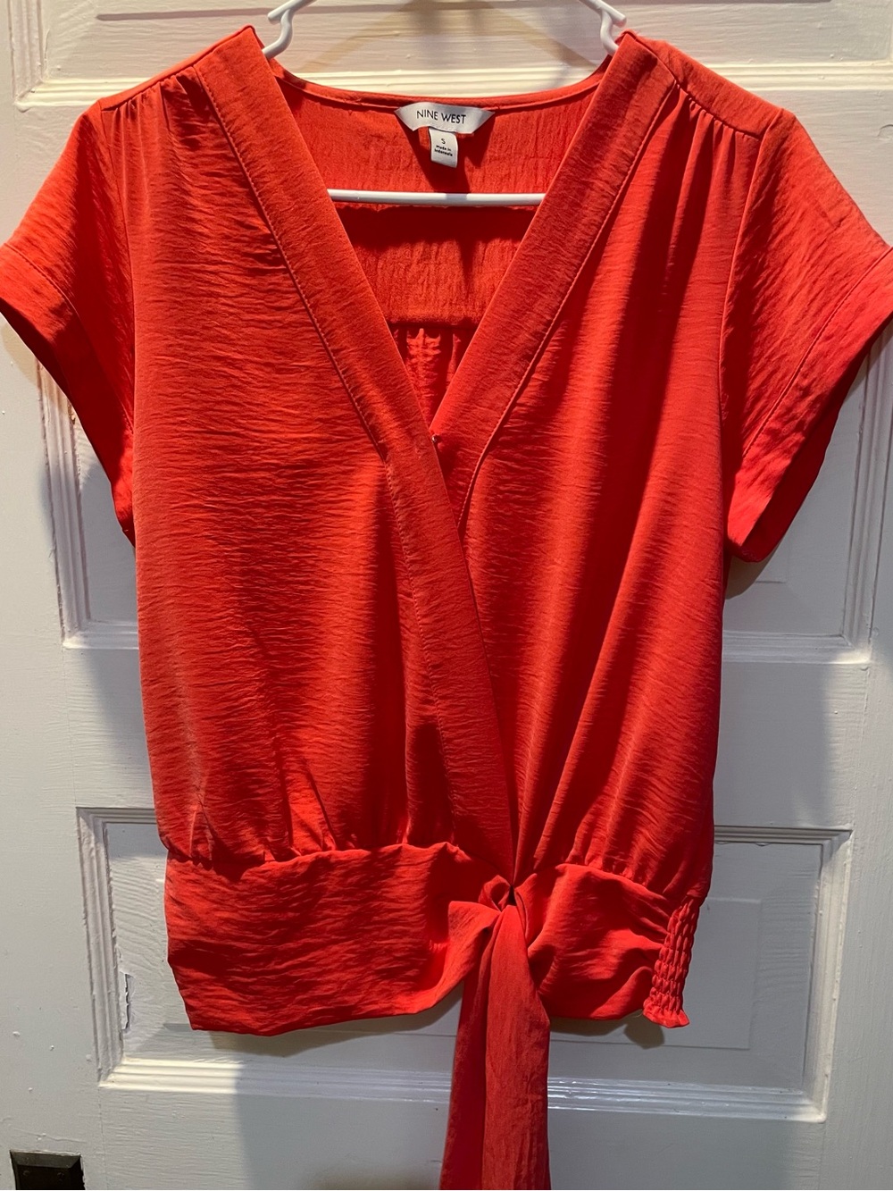Nine West Bright Coral Short-Sleeve Wrap Tie Blouse, Small